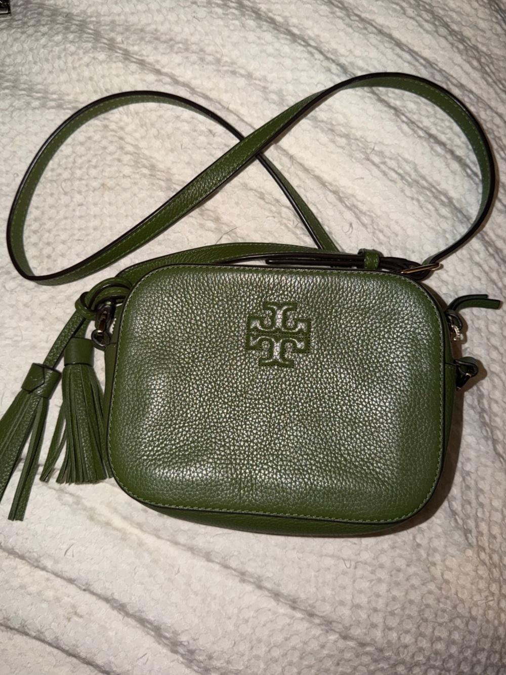 Tory Burch Olive Green Leather Crossbody with Tassel